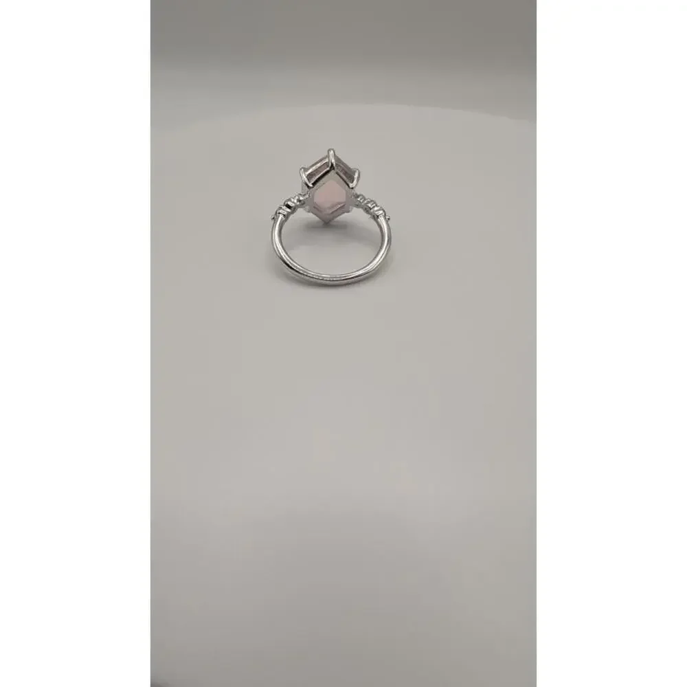 Silver Ring with Hexagonal Pink Gemstone and Decorative Side Stones Size 7
